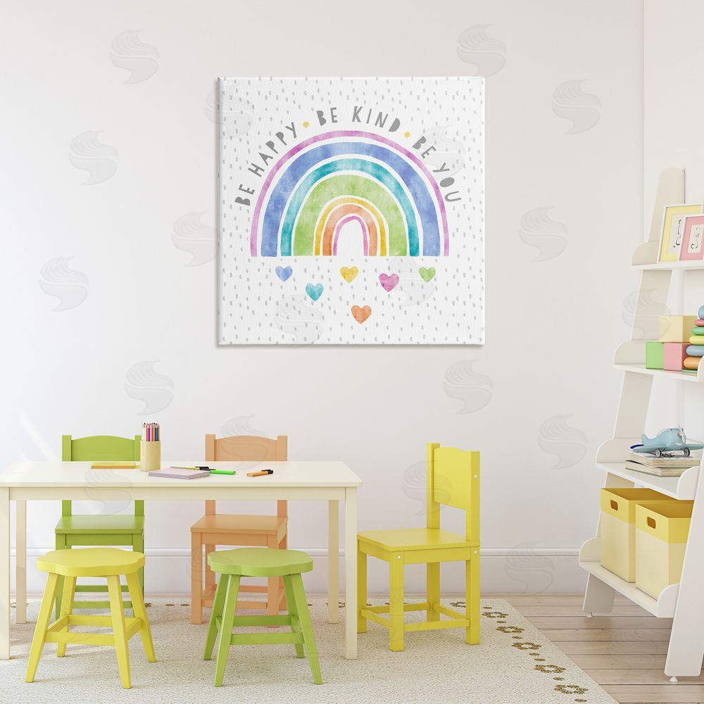 Suzanne Nicoll Be You Hearts & Rainbow Stretched Canvas Wall Art in Room