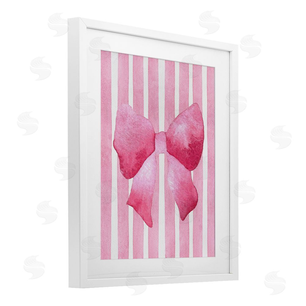 Camila Juncos Chic Bow on Pink Stripes White Framed Print Under Glass Wall Art