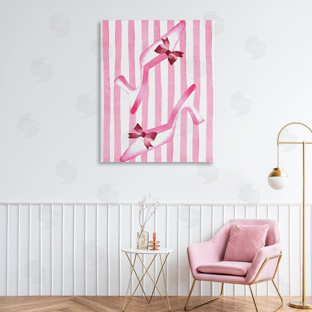 Camila Juncos Bow Heels on Pink Stripes Stretched Canvas Wall Art in Room