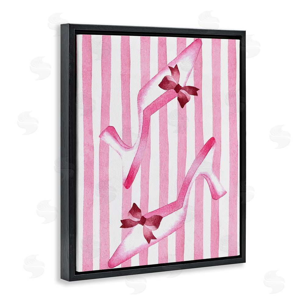 Camila Juncos Bow Heels on Pink Stripes Black Floating Frame Canvas Wall Art Print
