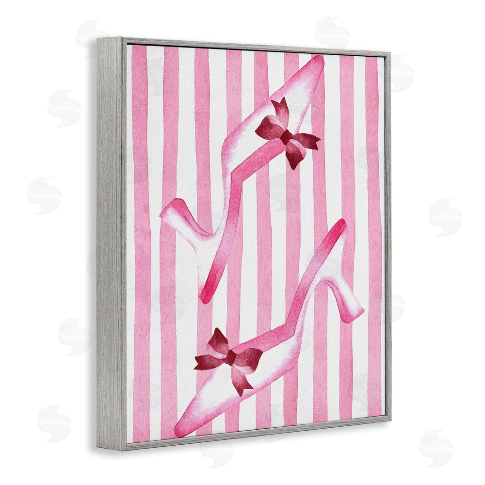 Camila Juncos Bow Heels on Pink Stripes Gray Framed Giclee Wall Art Print