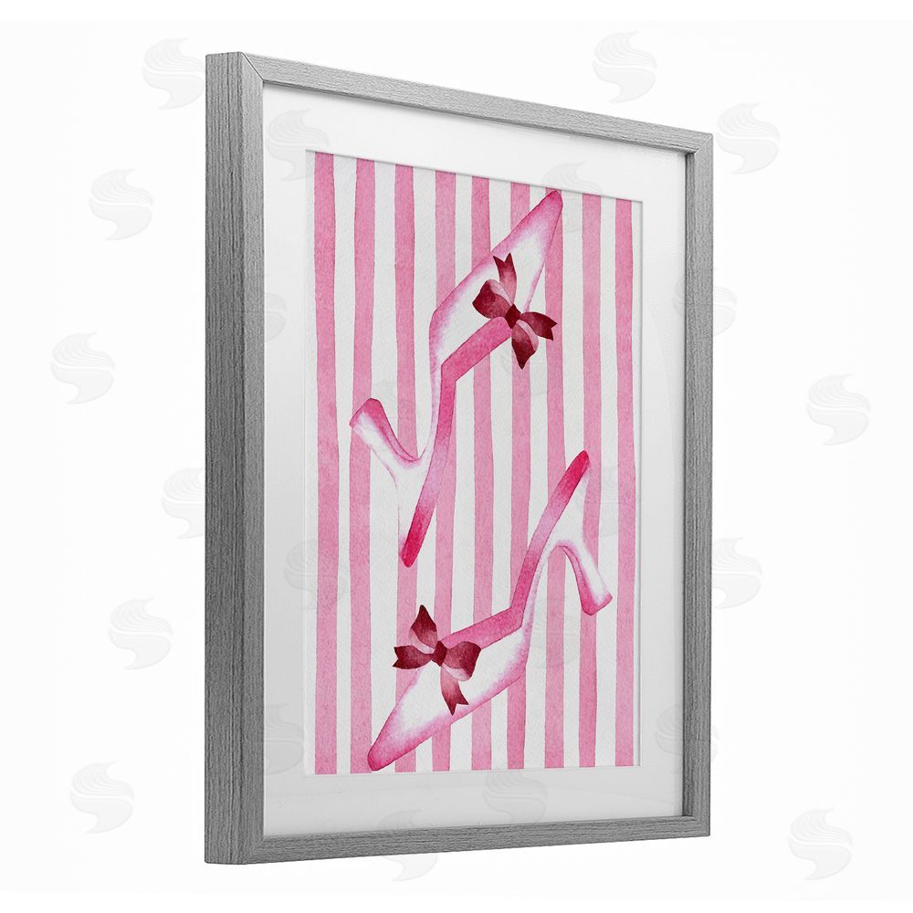 Camila Juncos Bow Heels on Pink Stripes Gray Framed Print Under Glass Wall Art