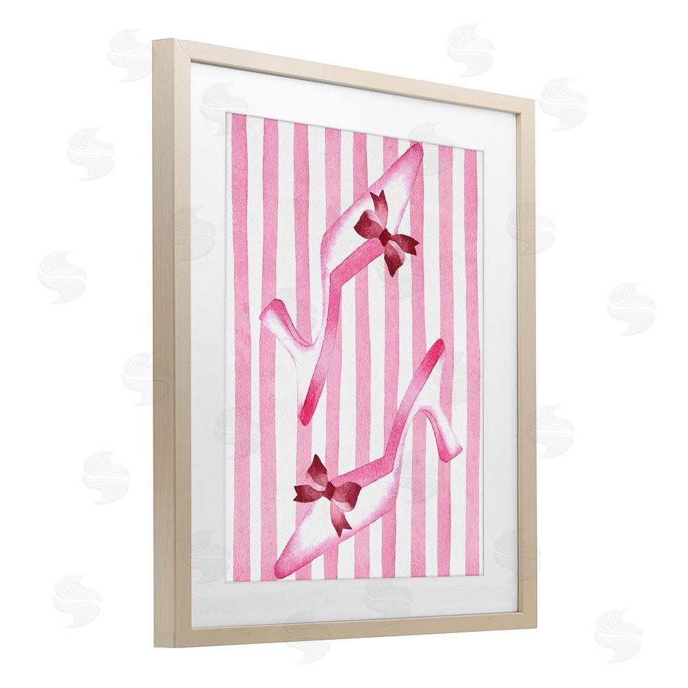 Camila Juncos Bow Heels on Pink Stripes Birch Framed Print Under Glass Wall Art