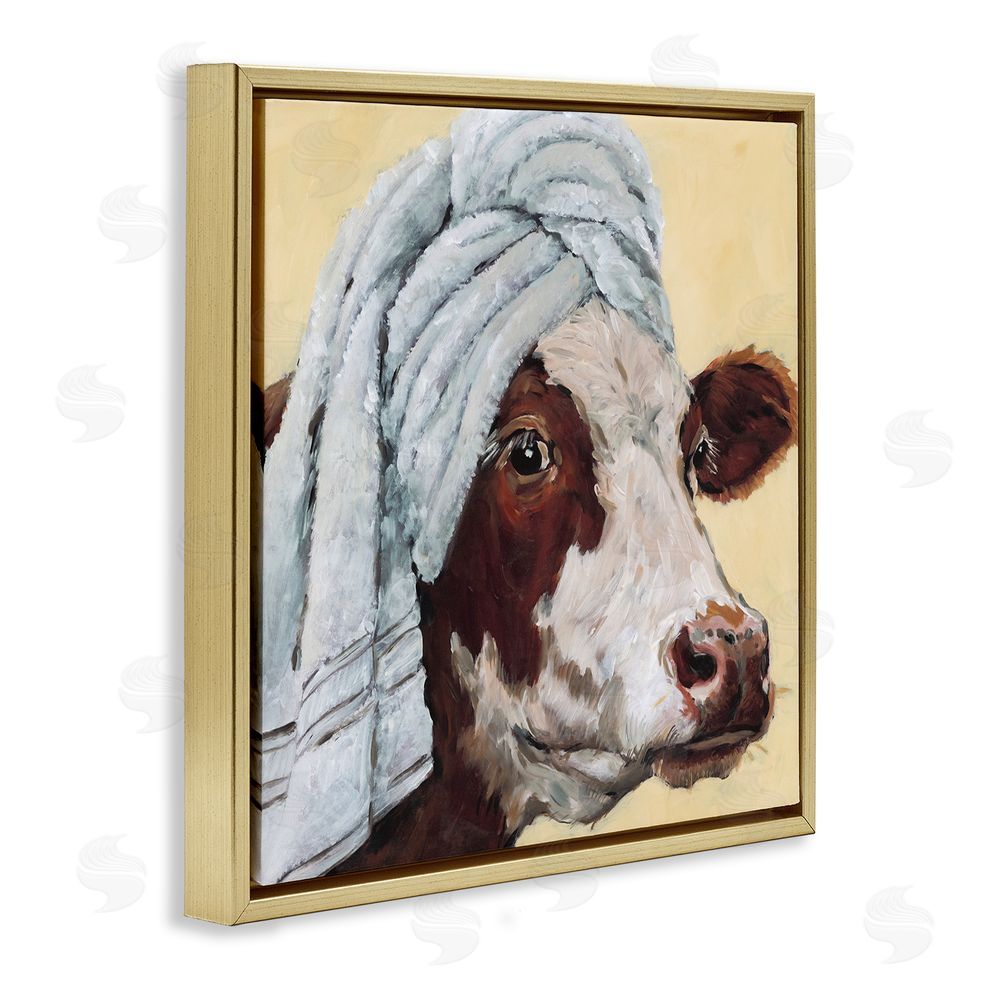 Studio Bautista Cow Spa with Towel Gold Floating Frame Canvas Wall Art Print