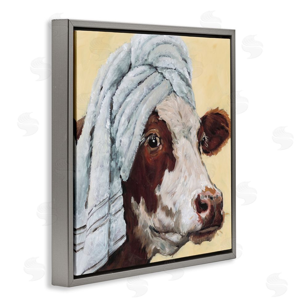 Studio Bautista Cow Spa with Towel Gray Floating Frame Canvas Wall Art Print