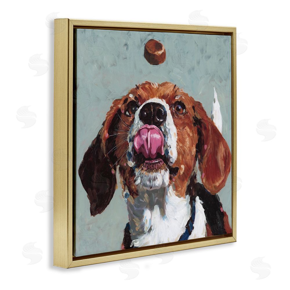 Studio Bautista Beagle Treat Excitement Gold Floating Frame Canvas Wall Art Print