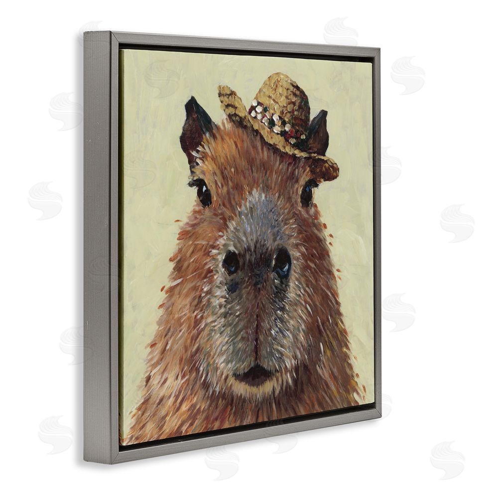 Studio Bautista Capybara with Straw Hat Gray Floating Frame Canvas Wall Art Print