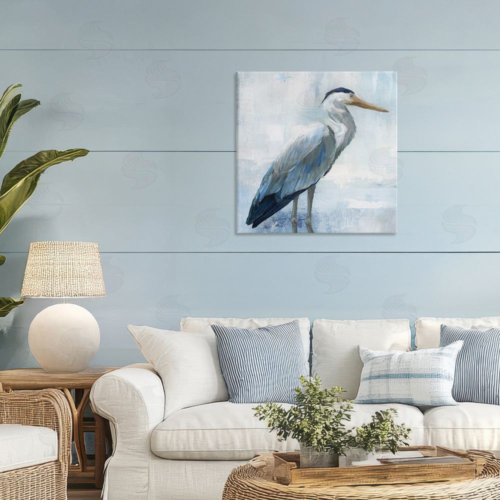 Nan Serene Blue Heron In Aqua Stretched Canvas Wall Art in Room