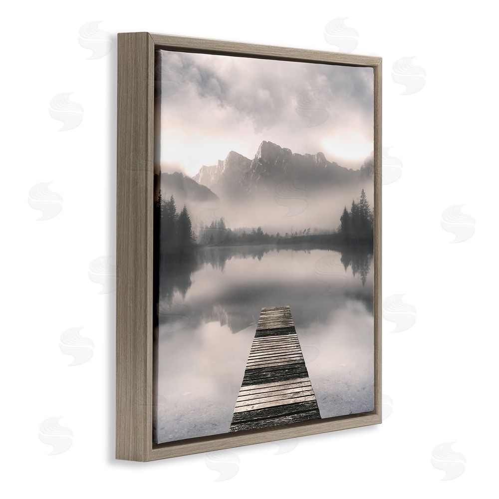 Irene Weisz Calm Reflective Waters & Mountains Brown Floating Frame Canvas Wall Art Print