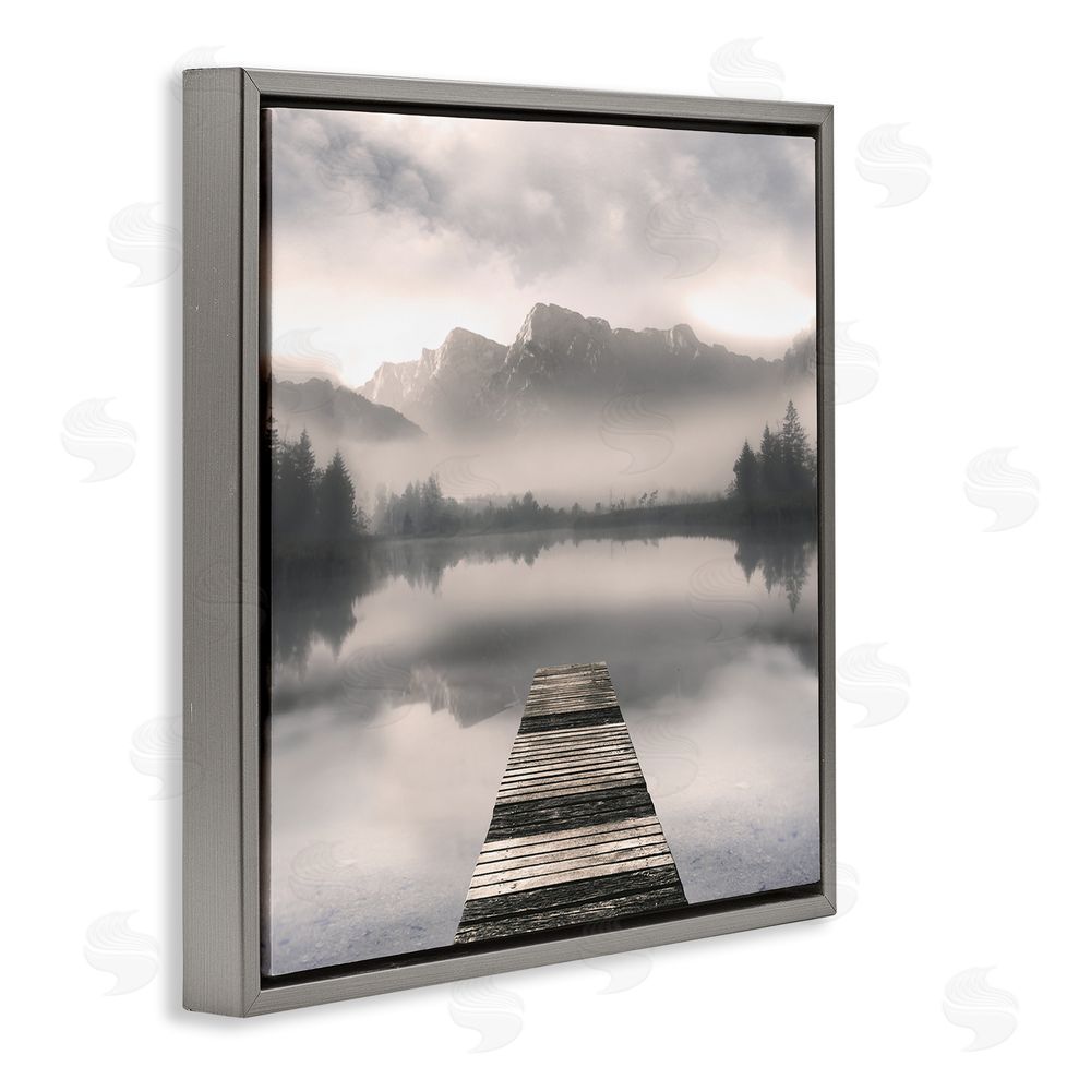 Irene Weisz Calm Reflective Waters & Mountains Gray Floating Frame Canvas Wall Art Print