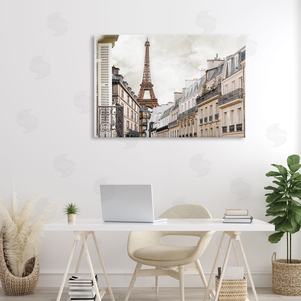 CAD Designs Eiffel Tower Through Parisian Balconies Stretched Canvas Wall Art in Room