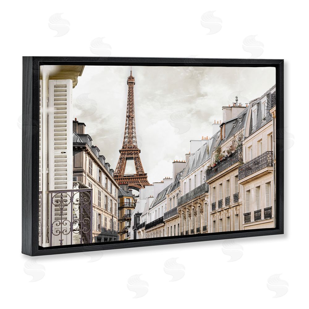 CAD Designs Eiffel Tower Through Parisian Balconies Black Floating Frame Canvas Wall Art Print