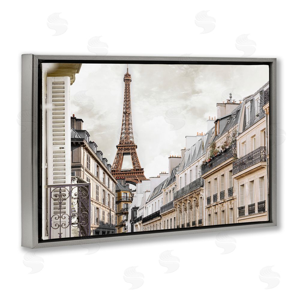 CAD Designs Eiffel Tower Through Parisian Balconies Gray Floating Frame Canvas Wall Art Print
