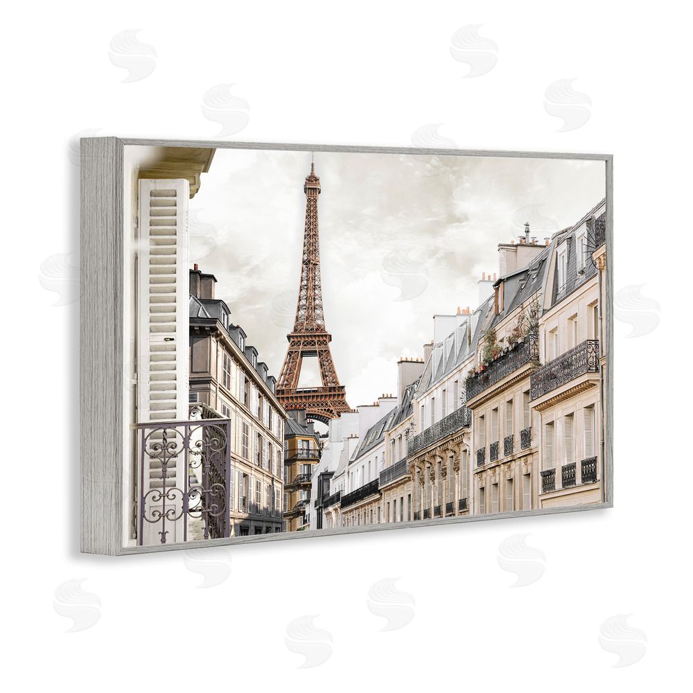 CAD Designs Eiffel Tower Through Parisian Balconies Gray Framed Giclee Wall Art Print