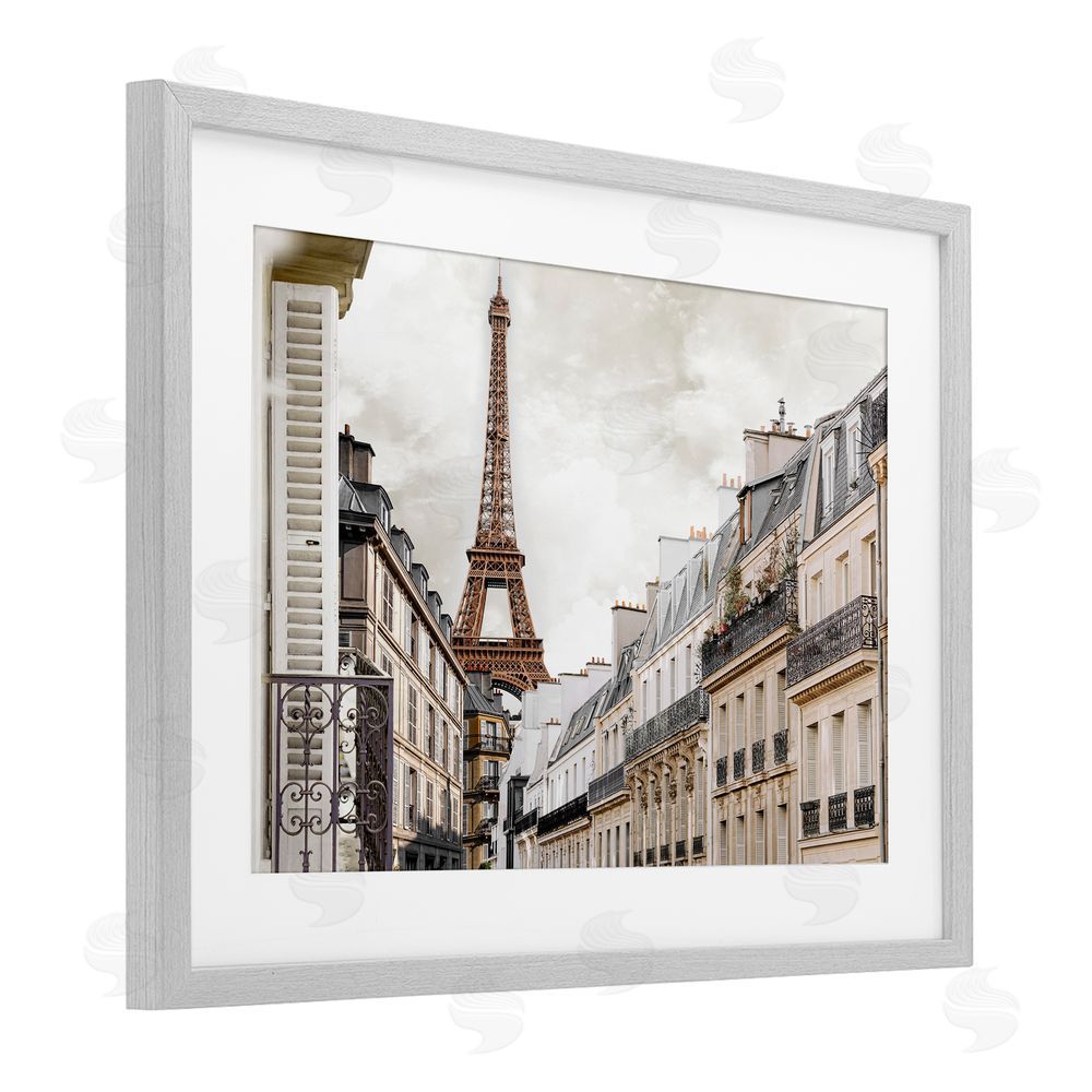 CAD Designs Eiffel Tower Through Parisian Balconies Gray Framed Print Under Glass Wall Art