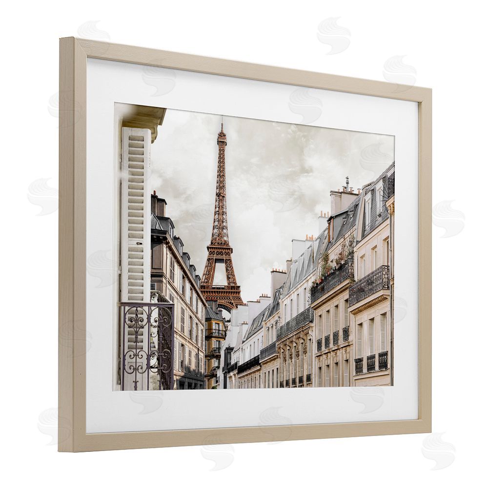 CAD Designs Eiffel Tower Through Parisian Balconies Brown Framed Print Under Glass Wall Art