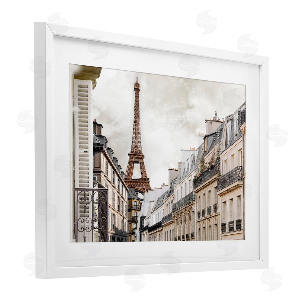 CAD Designs Eiffel Tower Through Parisian Balconies White Framed Print Under Glass Wall Art