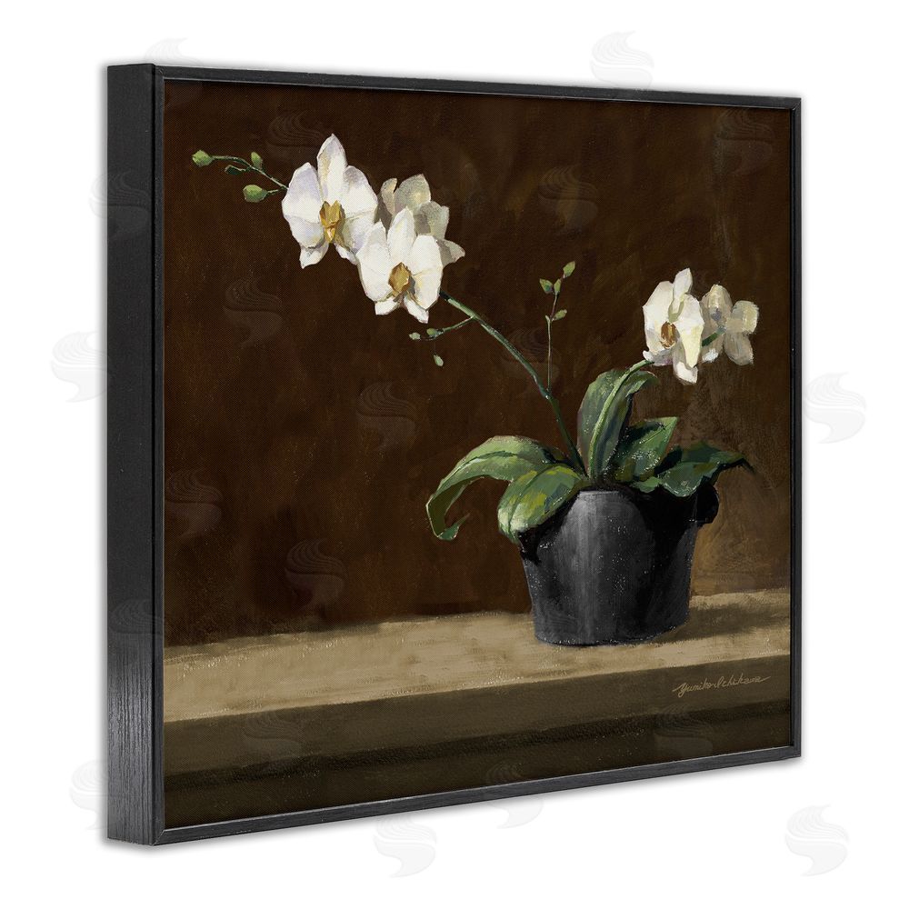 Yumiko Ichikawa Potted White Orchid on Ledge Black Framed Giclee Wall Art Print