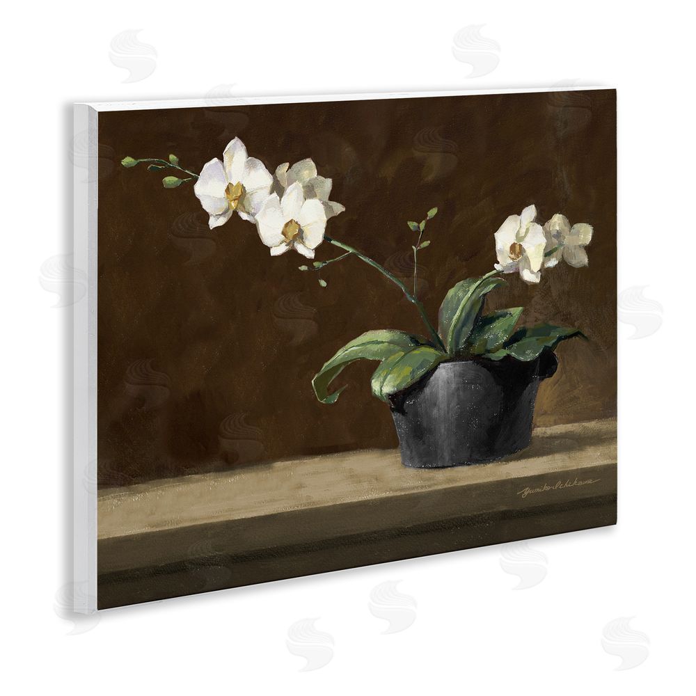 Yumiko Ichikawa Potted White Orchid on Ledge Wooden Wall Plaque Art Print