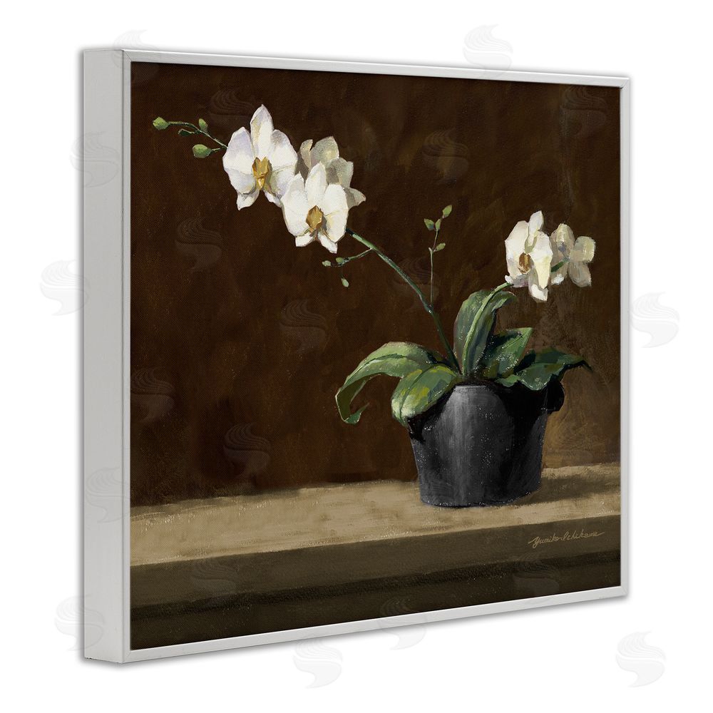 Yumiko Ichikawa Potted White Orchid on Ledge White Framed Giclee Wall Art Print