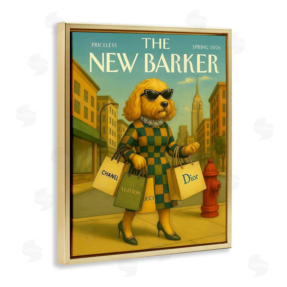 Grotto Studios New Barker Dog Magazine Gold Floating Frame Canvas Wall Art Print