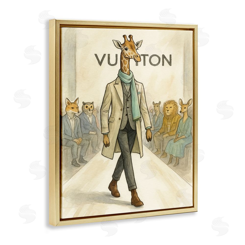 Grotto Studios Fashion Runway Giraffe Gold Floating Frame Canvas Wall Art Print