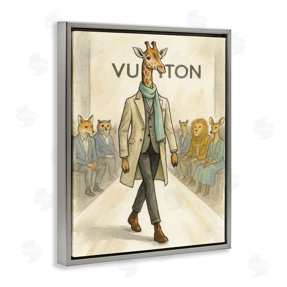 Grotto Studios Fashion Runway Giraffe Gray Floating Frame Canvas Wall Art Print