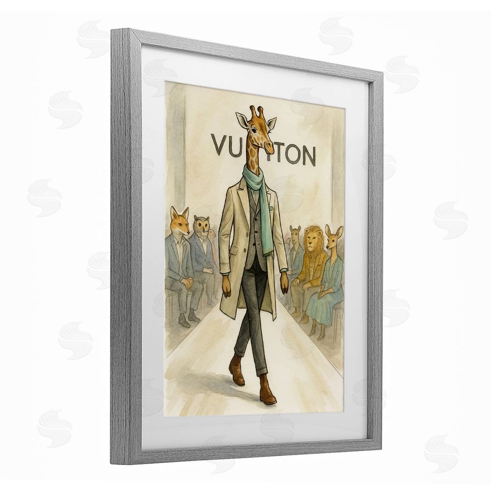 Grotto Studios Fashion Runway Giraffe Gray Framed Print Under Glass Wall Art