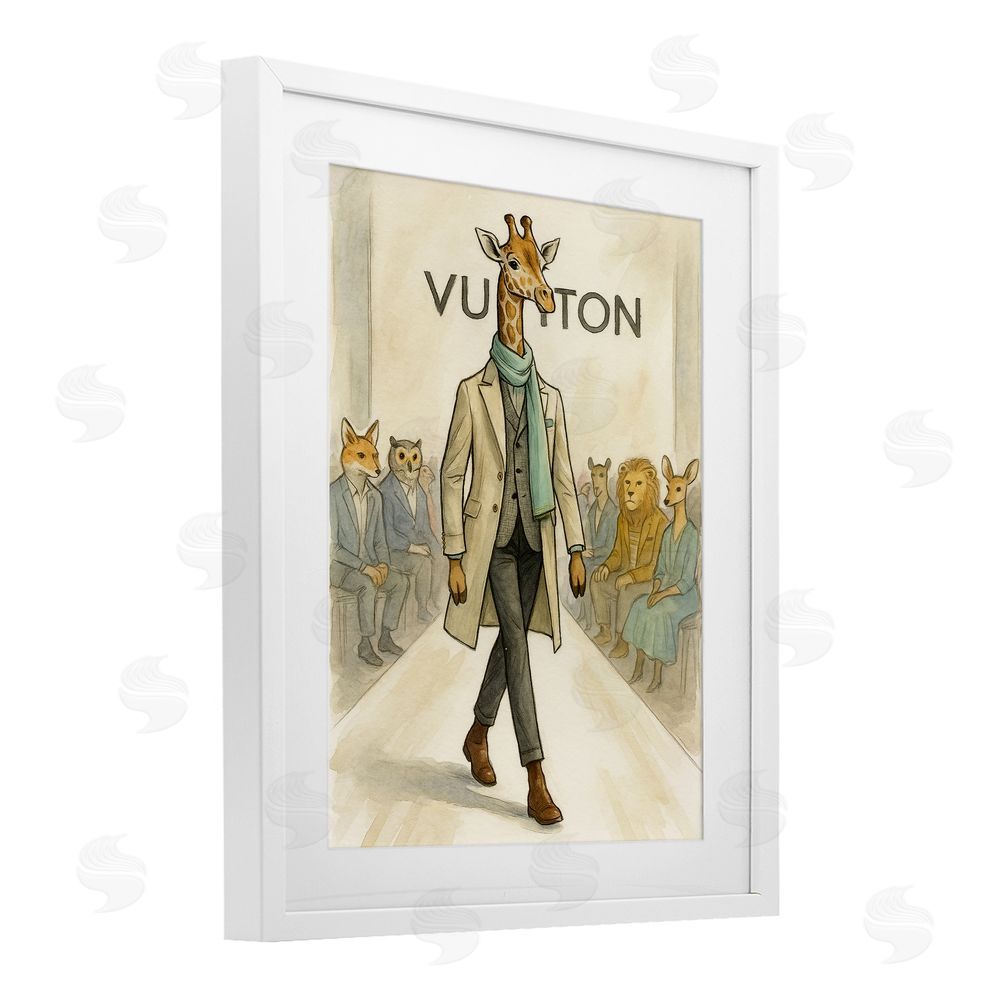 Grotto Studios Fashion Runway Giraffe White Framed Print Under Glass Wall Art