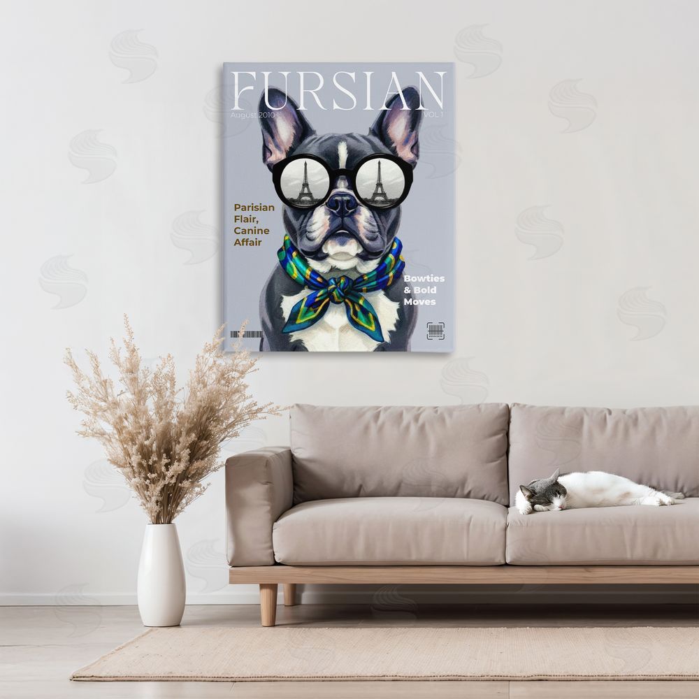 A Barefoot Stylist Fursian Dog Fashion Magazine Stretched Canvas Wall Art in Room
