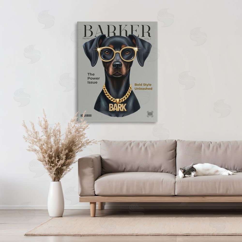 A Barefoot Stylist Barker Dog Fashion Magazine Stretched Canvas Wall Art in Room