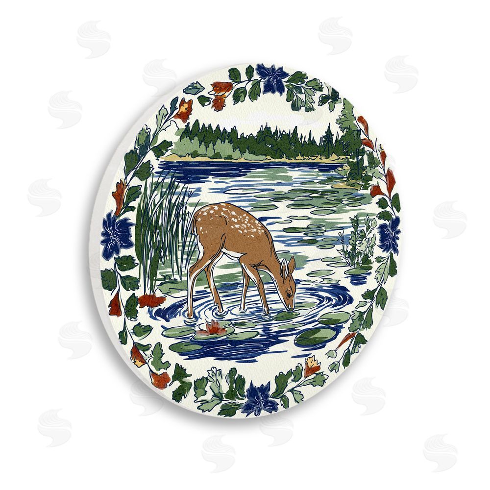 Yen Deer Drinks Water Wooden Wall Plaque Art Print