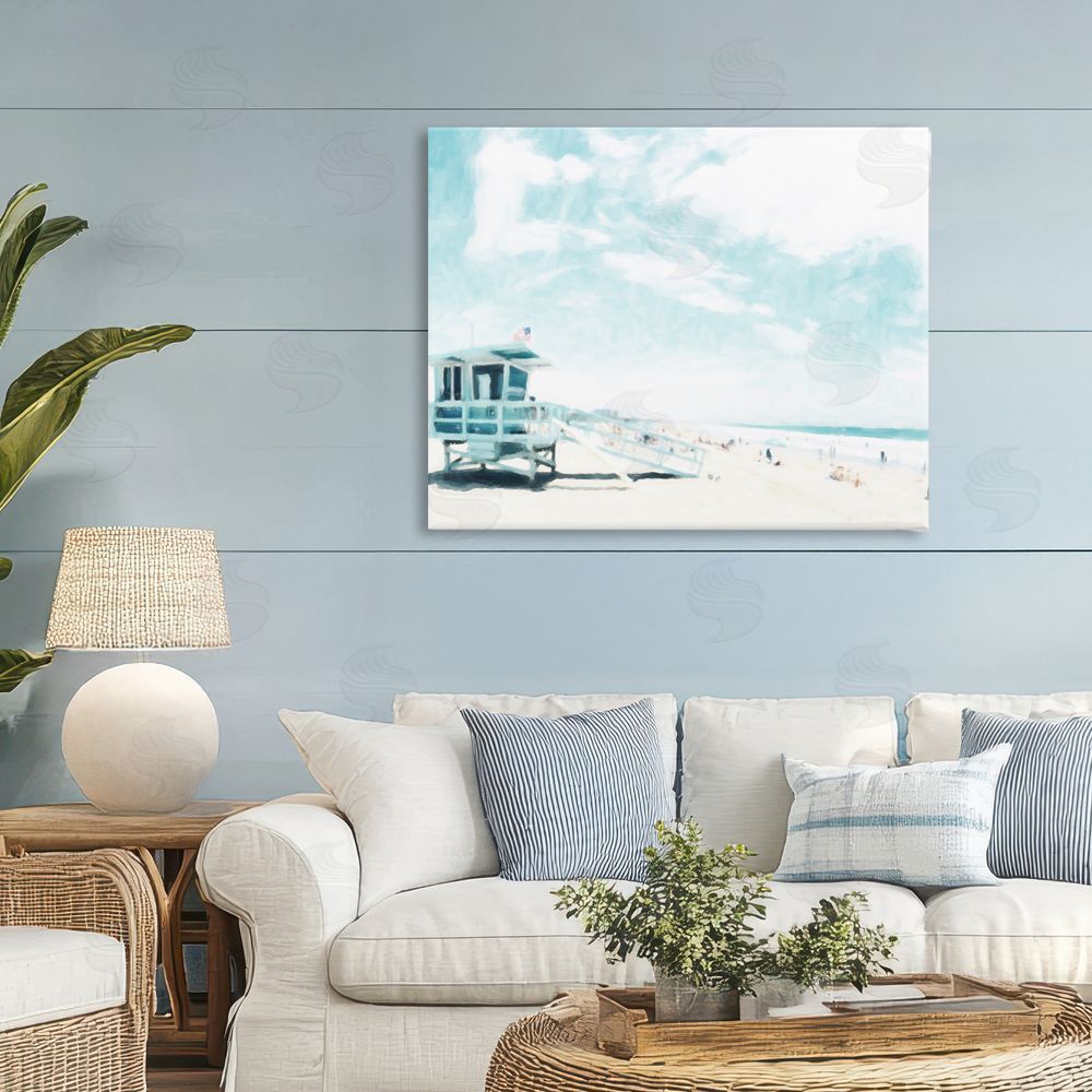 Kim Curinga Blue Beach Station Stretched Canvas Wall Art in Room