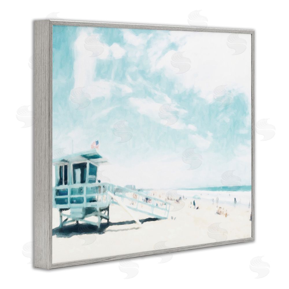 Kim Curinga Blue Beach Station Gray Framed Giclee Wall Art Print