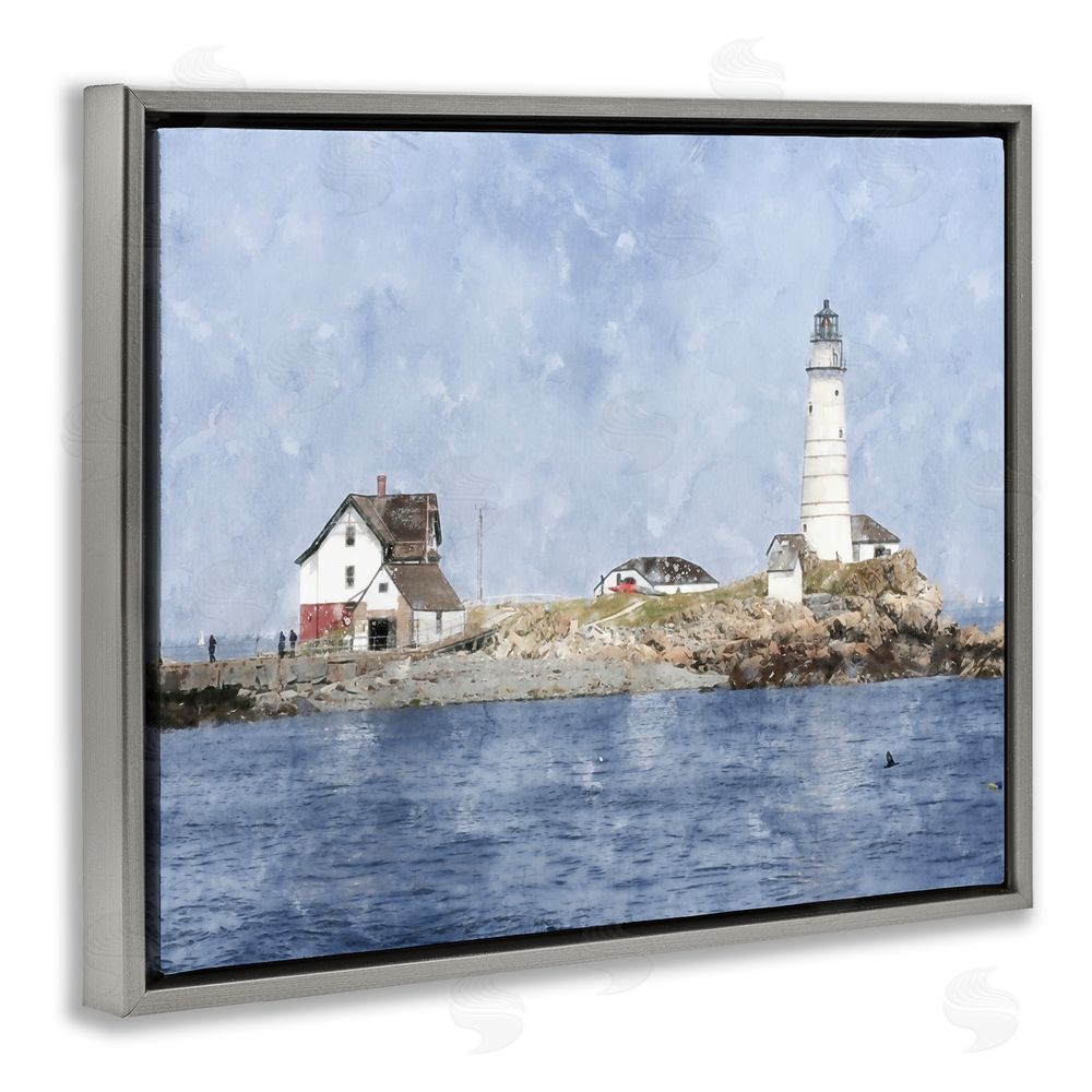 Kim Curinga Picturesque Lighthouse Island Gray Floating Frame Canvas Wall Art Print