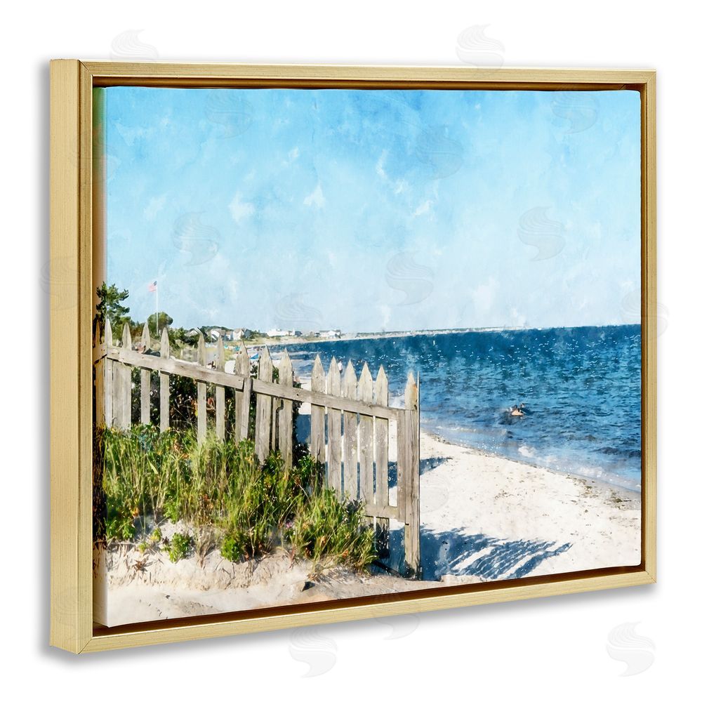 Kim Curinga Beach Pickets View Gold Floating Frame Canvas Wall Art Print