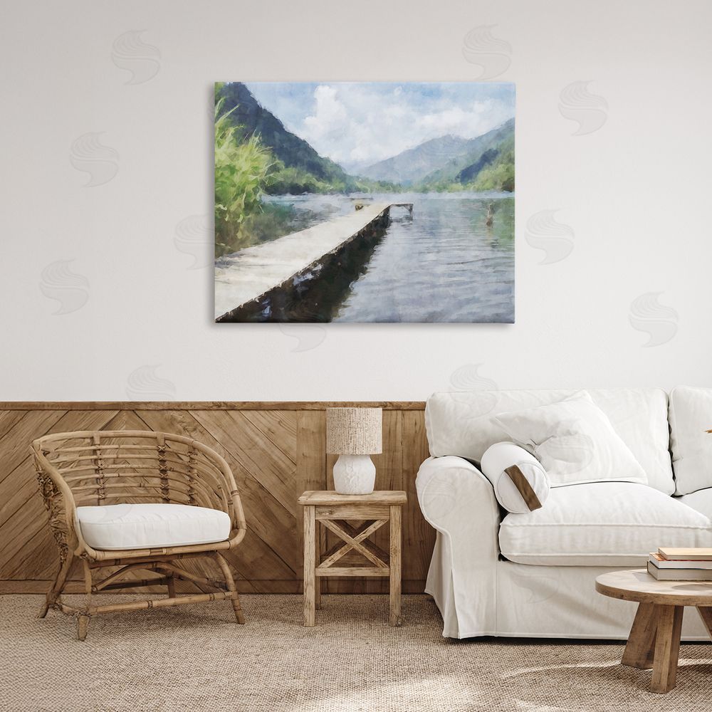 Kim Curinga Dappled Lake Dock Stretched Canvas Wall Art in Room