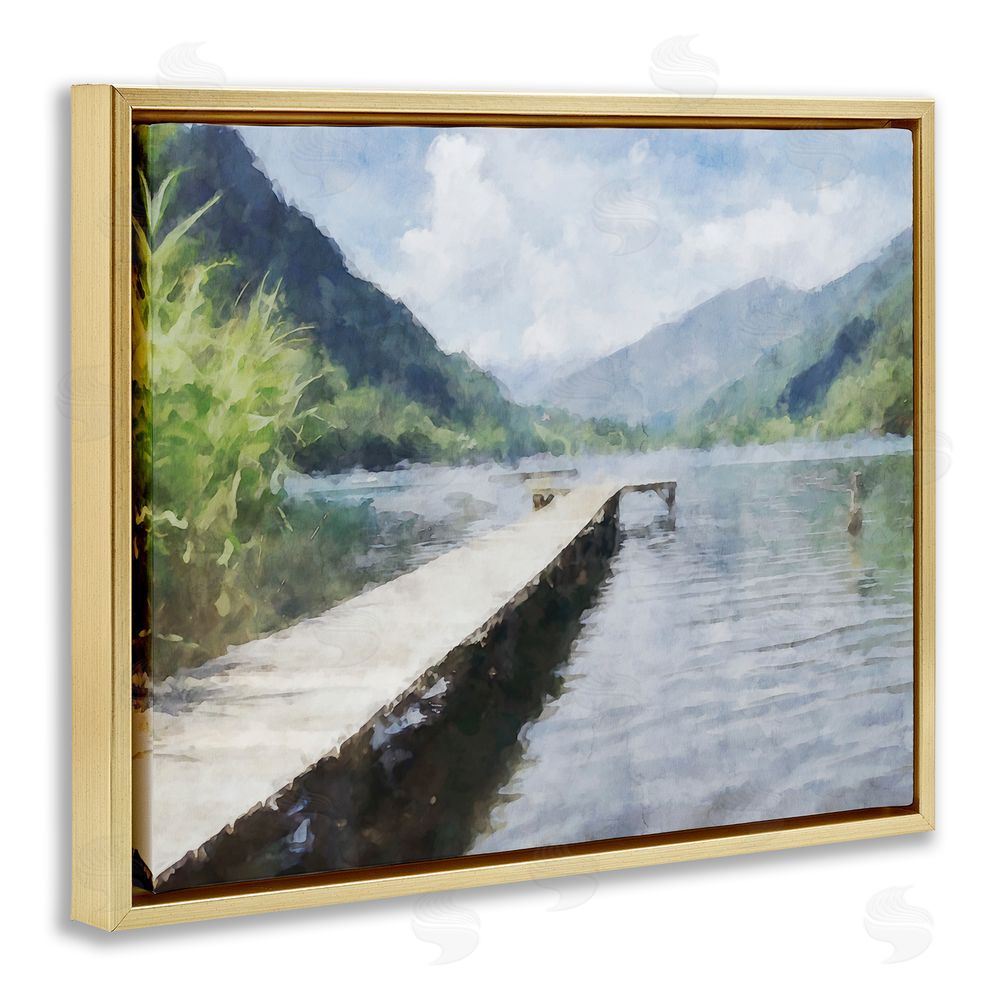 Kim Curinga Dappled Lake Dock Gold Floating Frame Canvas Wall Art Print