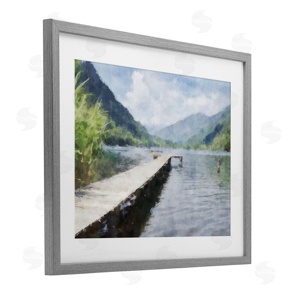 Kim Curinga Dappled Lake Dock Gray Framed Print Under Glass Wall Art