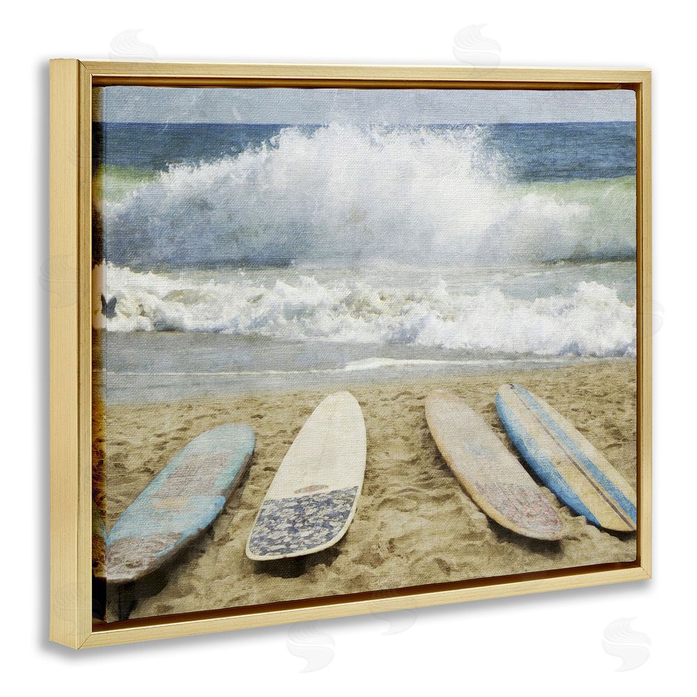Grotto Studios Surfboards At The Ready Gold Floating Frame Canvas Wall Art Print