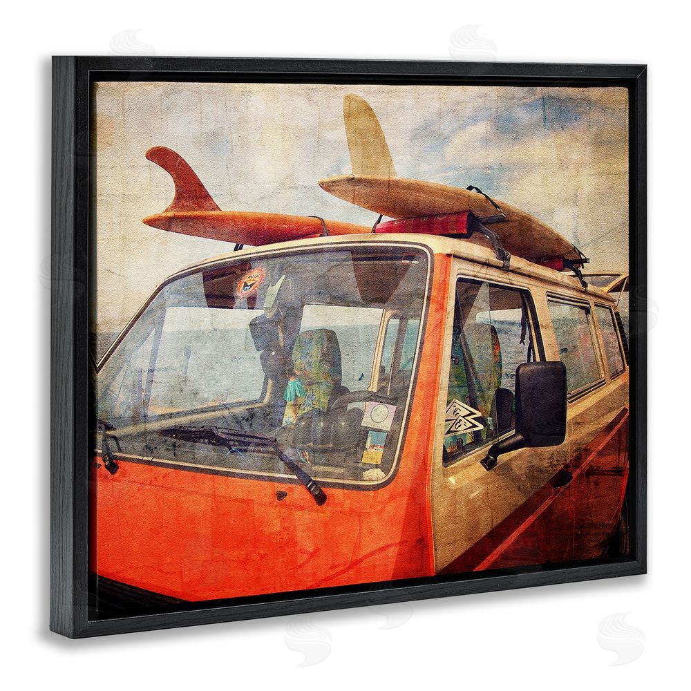 Grotto Studios Surf Bus Vintage Distressed Black Floating Frame Canvas Wall Art Print
