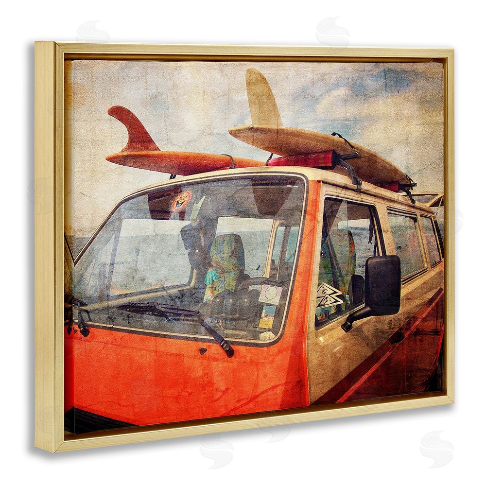 Grotto Studios Surf Bus Vintage Distressed Gold Floating Frame Canvas Wall Art Print