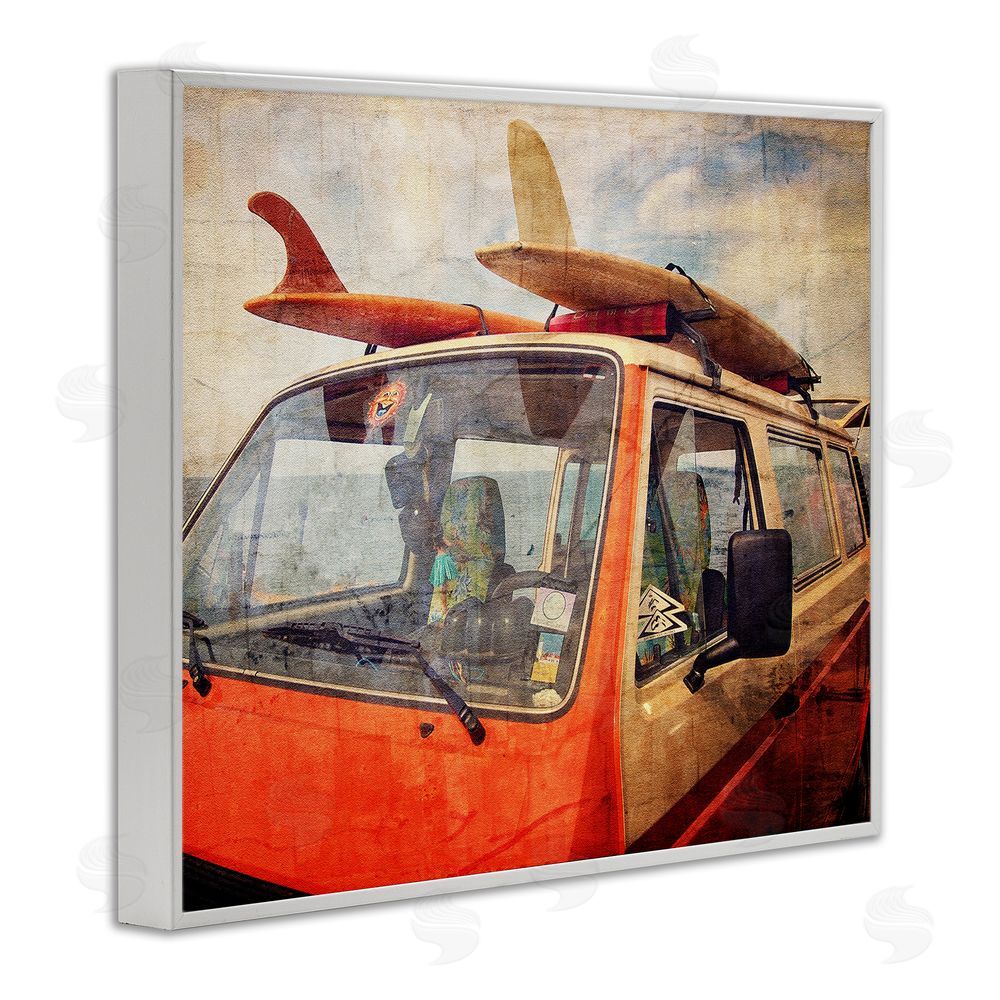 Grotto Studios Surf Bus Vintage Distressed White Framed Giclee Wall Art Print