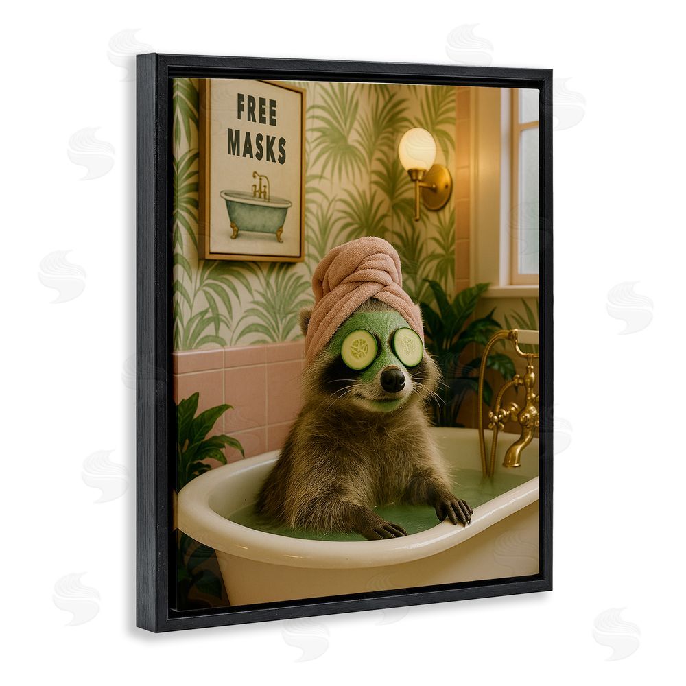 Grotto Studios Raccoon Spa Day Bath Black Floating Frame Canvas Wall Art Print
