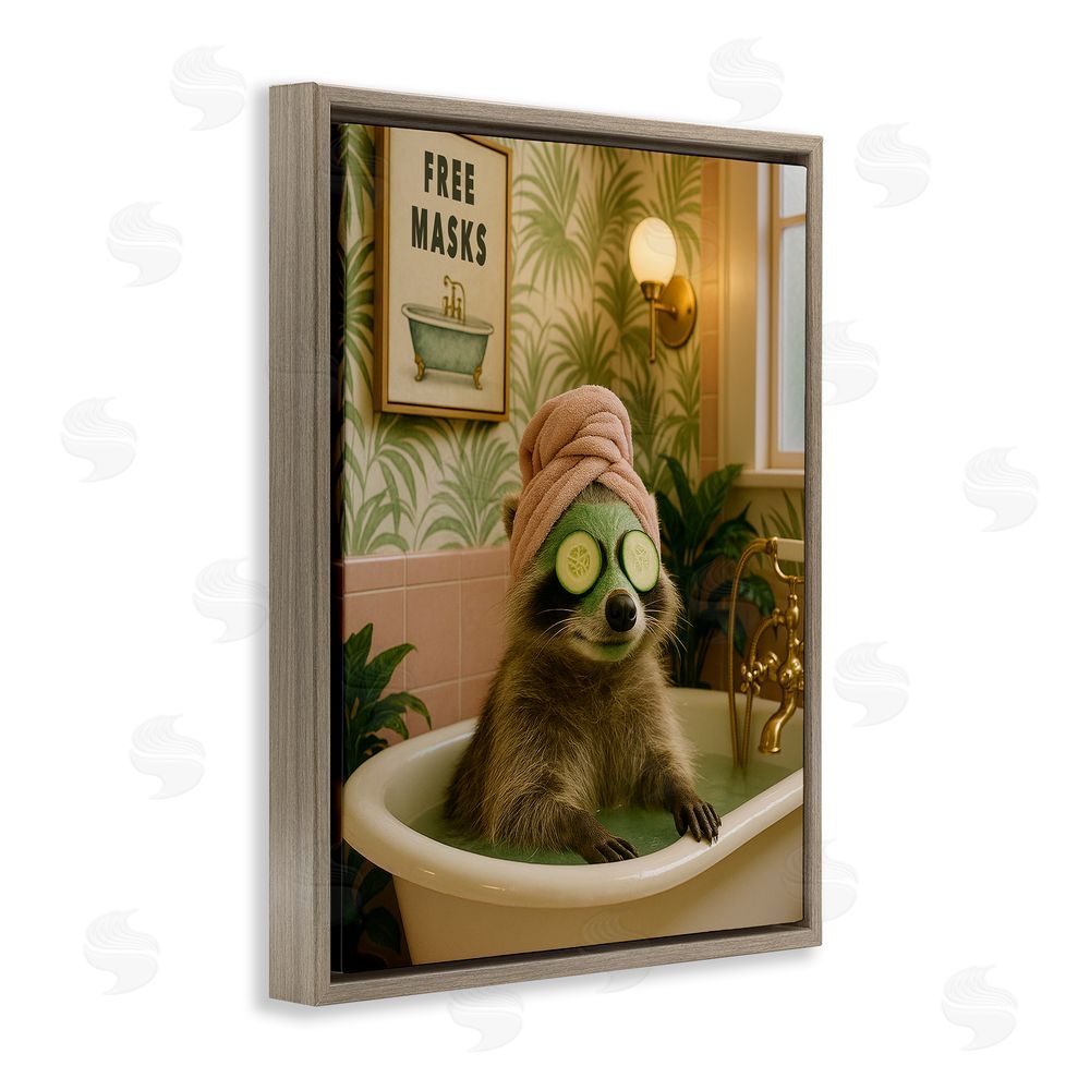 Grotto Studios Raccoon Spa Day Bath Brown Floating Frame Canvas Wall Art Print