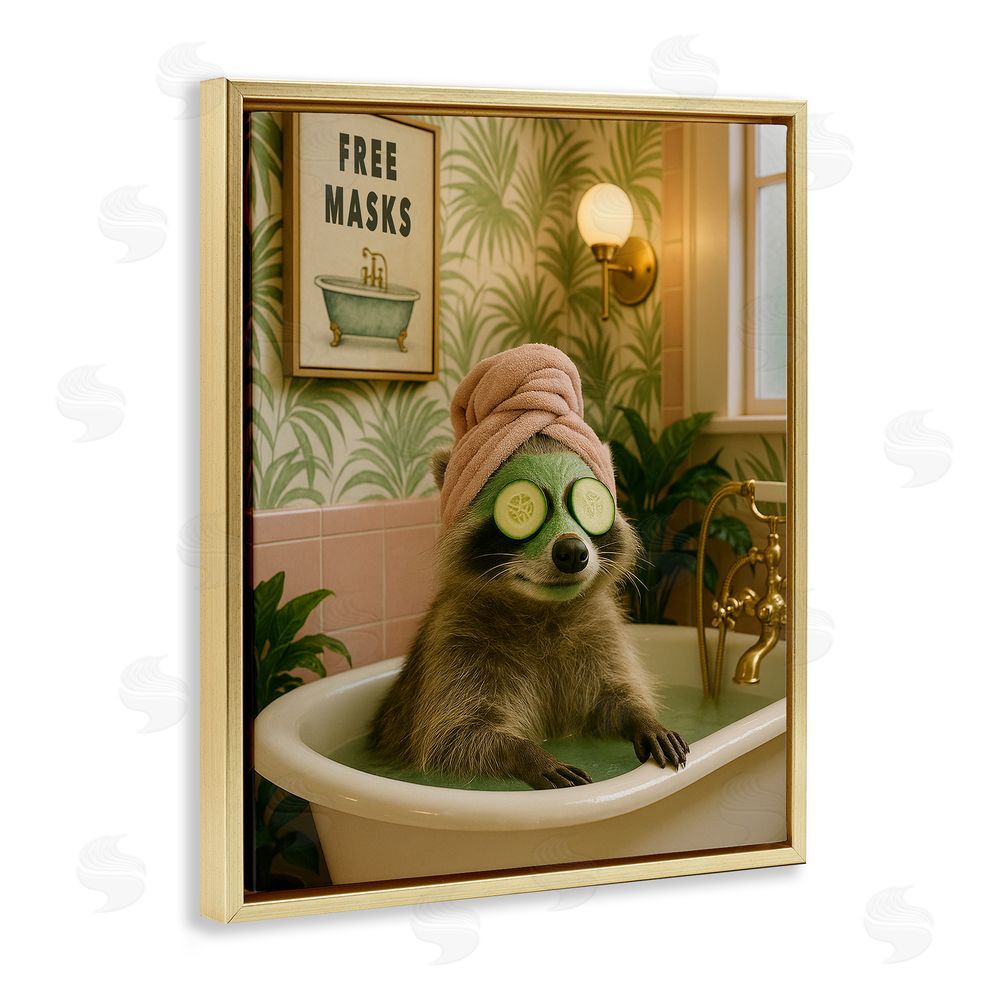 Grotto Studios Raccoon Spa Day Bath Gold Floating Frame Canvas Wall Art Print