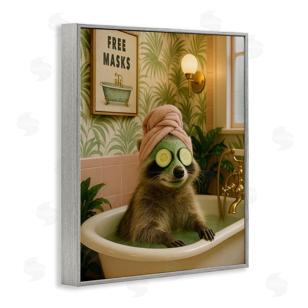 Grotto Studios Raccoon Spa Day Bath Gray Framed Giclee Wall Art Print