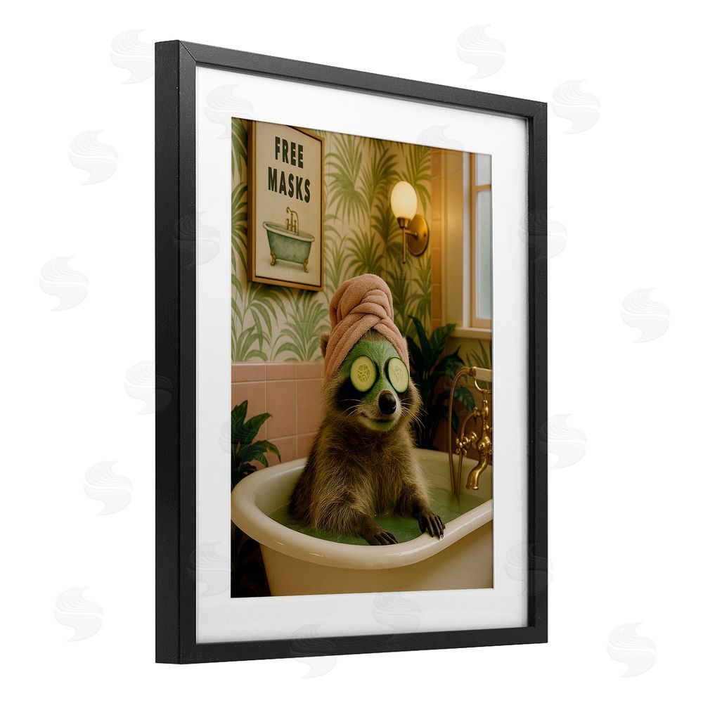 Grotto Studios Raccoon Spa Day Bath Black Framed Print Under Glass Wall Art