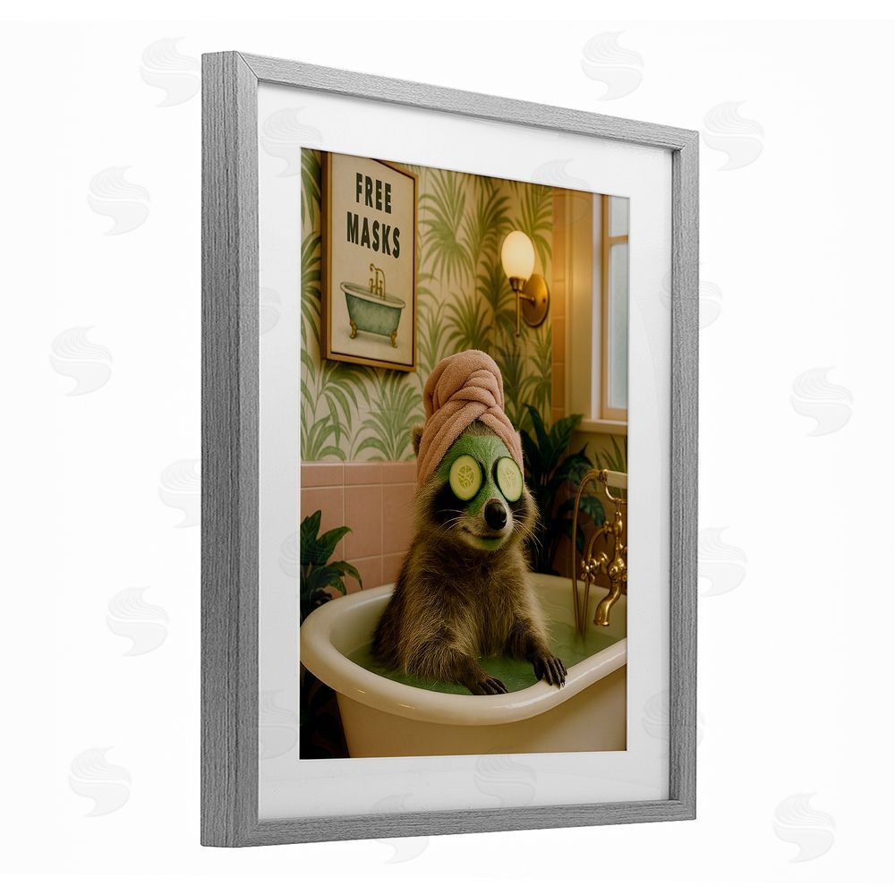 Grotto Studios Raccoon Spa Day Bath Gray Framed Print Under Glass Wall Art