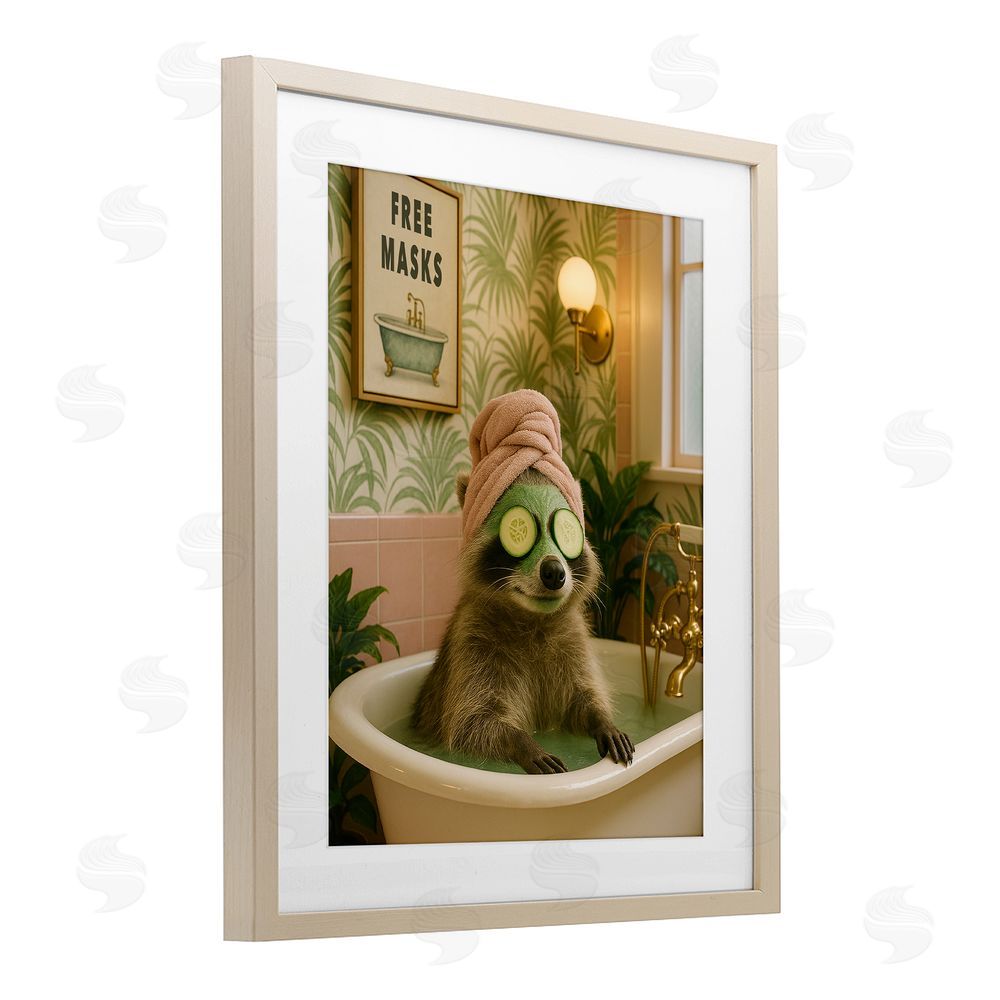 Grotto Studios Raccoon Spa Day Bath Birch Framed Print Under Glass Wall Art